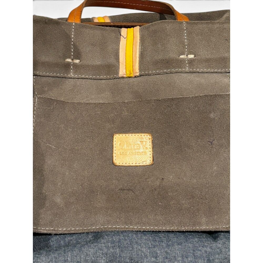 Clare V. Simple Tote Olive Suede Yellow Stripe Leather Handles Detachable Strap - Picture 6 of 9
